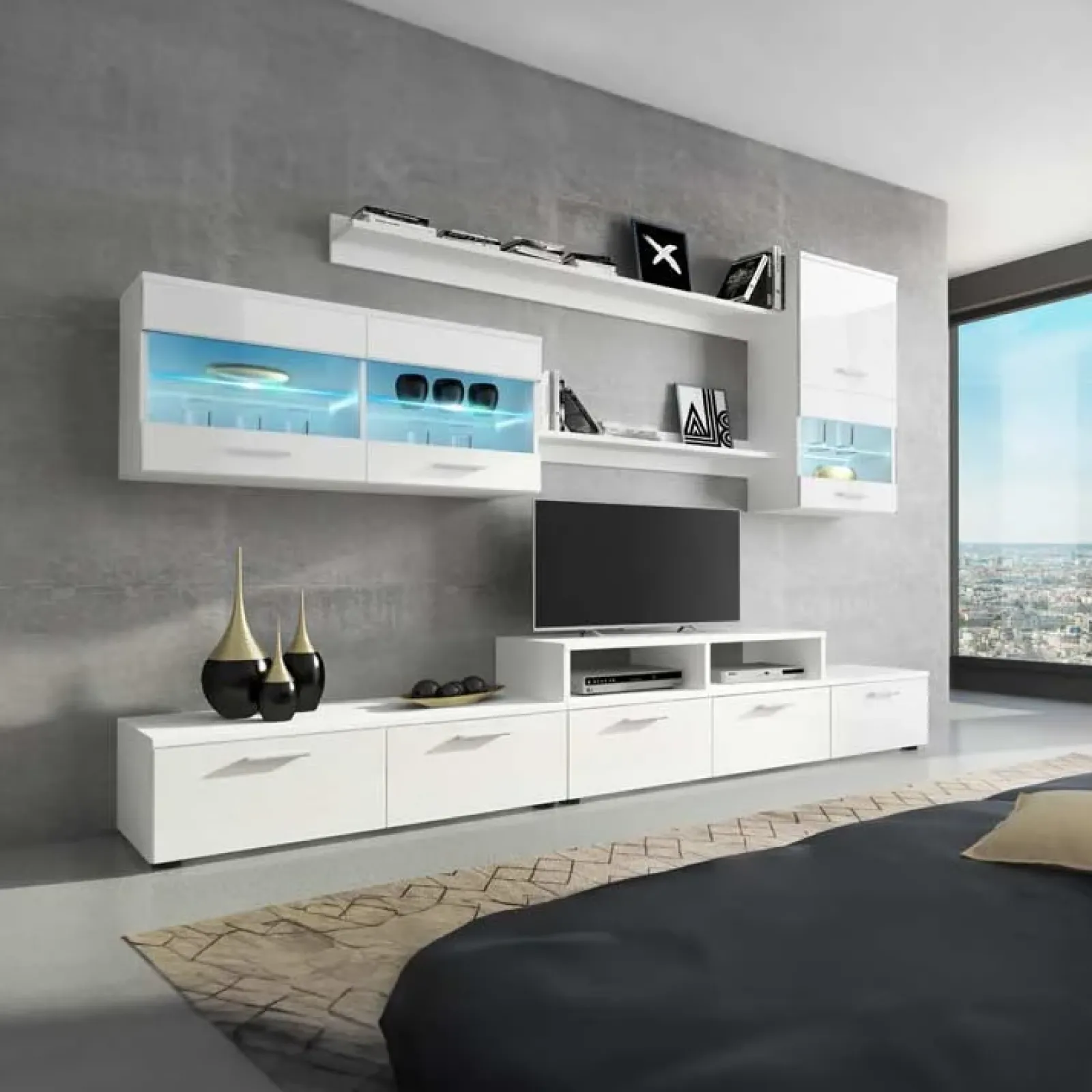 Garnero Arredamenti Parete Attrezzata A Terra|Pareti Attrezzate-Parete attrezzata 250x210h cm componibile bianco lucido Santorini Gihome®