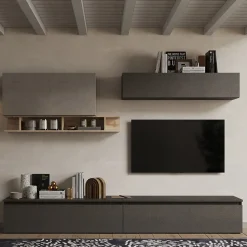 Garnero Arredamenti Parete Attrezzata A Terra|Pareti Attrezzate-Parete attrezzata 276x190h cm design tortora rovere ossido nero Sunset 27 Tortora - Ossido