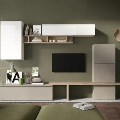 Garnero Arredamenti Parete Attrezzata A Terra|Pareti Attrezzate-Parete attrezzata 320x195h cm design moderno tortora rovere chiaro bianco lucido Sunset 19 Tortora - Bianco Lucido