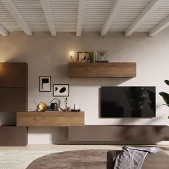 Garnero Arredamenti Parete Attrezzata A Terra|Parete Attrezzata Sospesa-Parete attrezzata 340x185h cm design moderno marrone bronzo rovere scuro Sunset 14