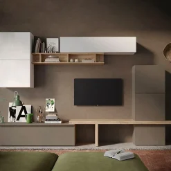 Garnero Arredamenti Parete Attrezzata A Terra|Pareti Attrezzate-Parete attrezzata 320x195h cm design moderno bianco rovere marrone Sunset 19 Marrone - Bianco Lucido