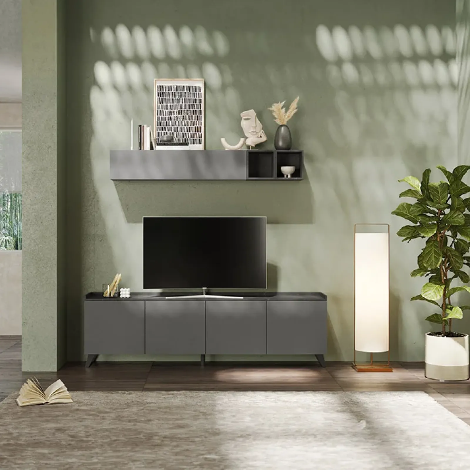 Garnero Arredamenti Parete Attrezzata A Terra|Pareti Attrezzate-Parete attrezzata 241x165h cm grigio scuro antracite Jonson Ossido - Grigio