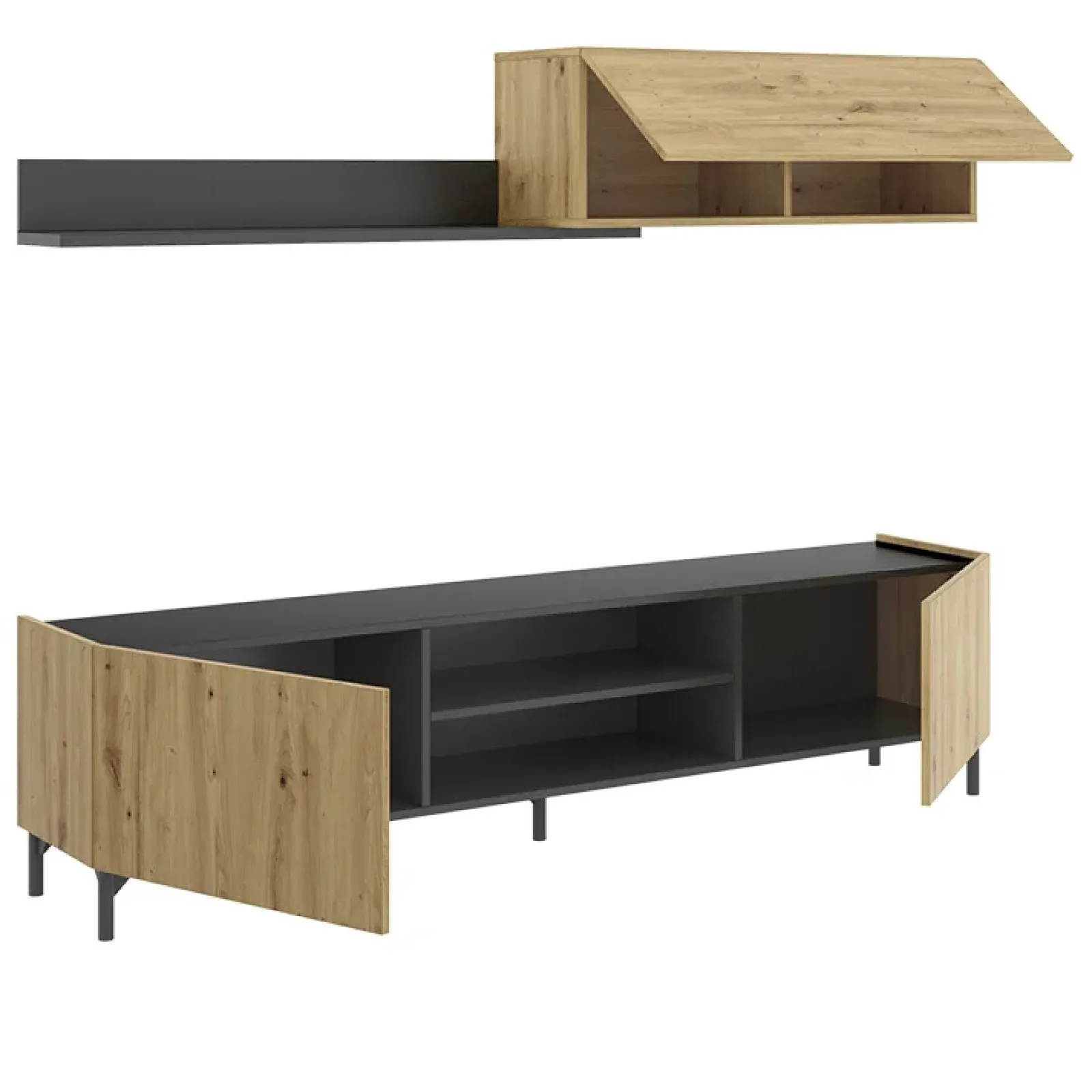 Garnero Arredamenti Mobile Tv Basso|Parete Attrezzata A Terra-Parete attrezzata 182x160h cm legno rovere grafite German