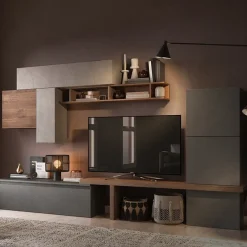 Garnero Arredamenti Parete Attrezzata A Terra|Pareti Attrezzate-Parete attrezzata 300x195h cm moderna rovere ossido tortora Sunset 46 Ossido - Noce