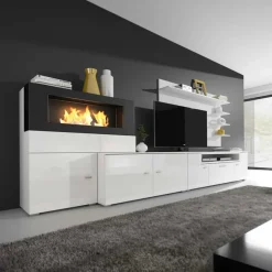 Garnero Arredamenti Camino Bioetanolo|Parete Attrezzata A Terra-Parete attrezzata 288x170h cm moderna reversibile con biocamino bianca Fire Gihome® Bianco Lucido - Bianco Lucido