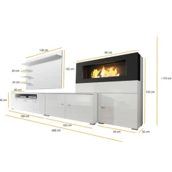 Garnero Arredamenti Camino Bioetanolo|Parete Attrezzata A Terra-Parete attrezzata 288x170h cm moderna reversibile con biocamino bianca Fire Gihome® Bianco Lucido - Bianco Lucido
