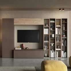 Garnero Arredamenti Parete Attrezzata A Terra|Pareti Attrezzate-Parete attrezzata 305x186h cm moderna soggiorno marrone bronzo rovere chiaro Sunset 10 Rovere - Marrone