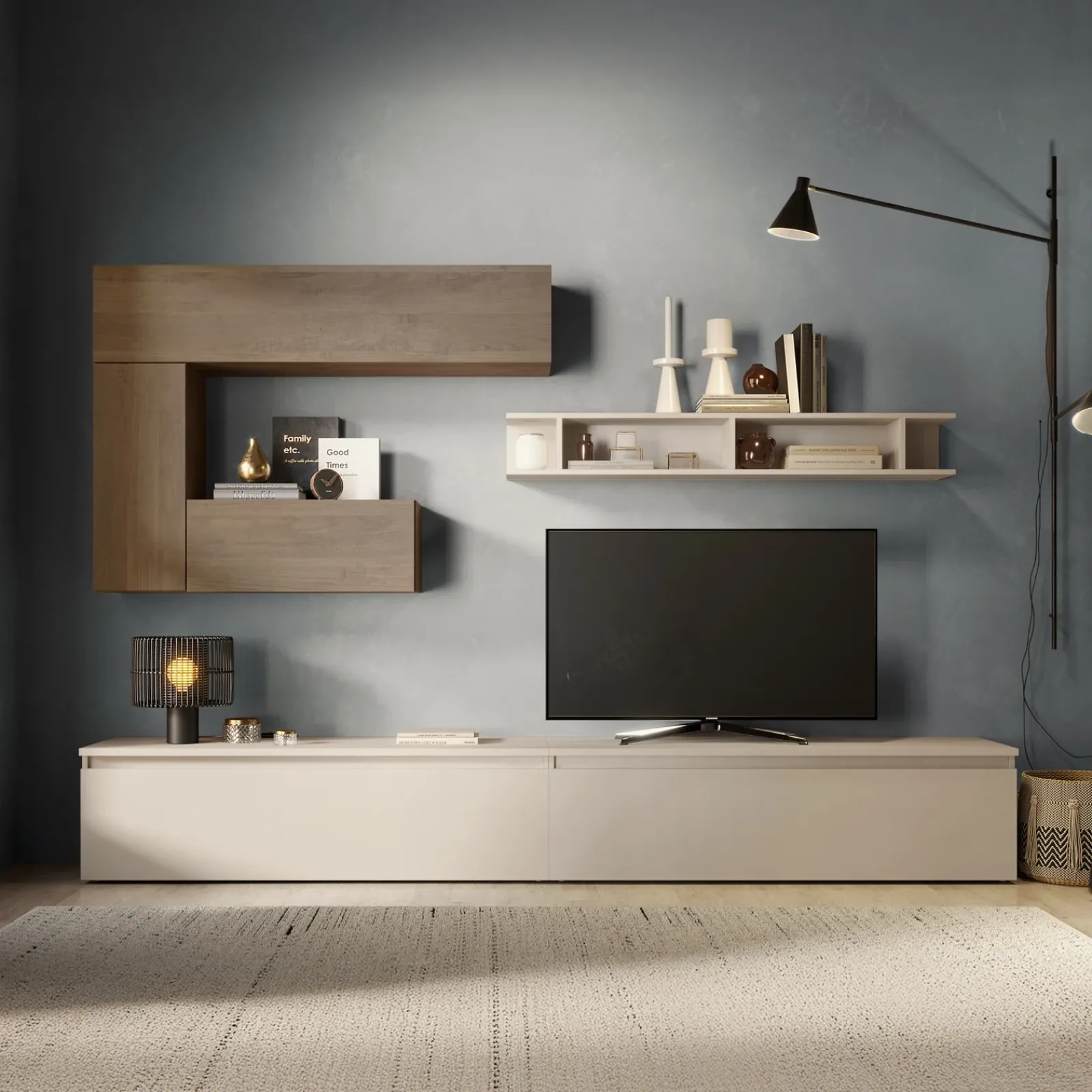 Garnero Arredamenti Parete Attrezzata A Terra|Pareti Attrezzate-Parete attrezzata 276x190h cm moderna beige rovere chiaro Sunset 65