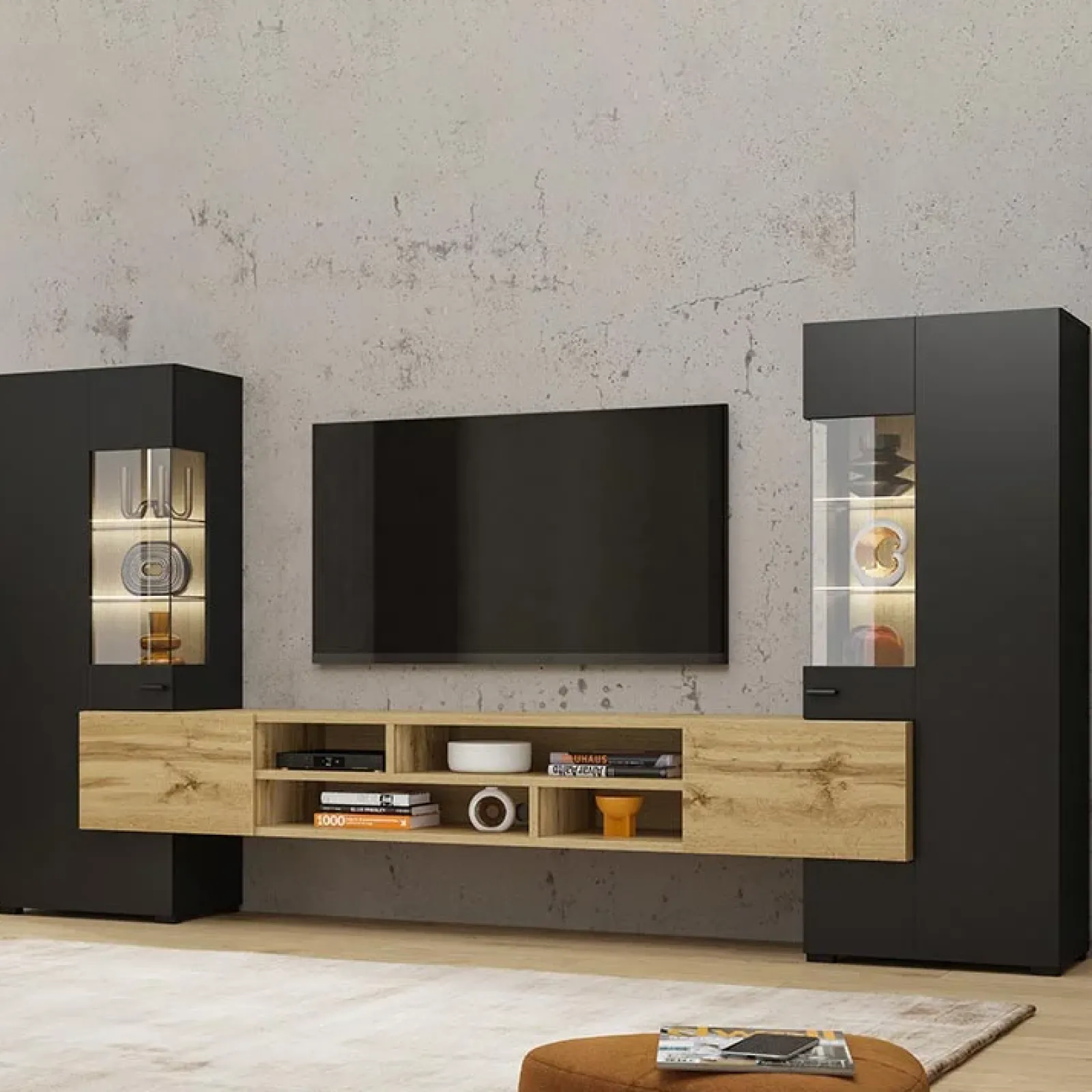 Garnero Arredamenti Parete Attrezzata A Terra|Pareti Attrezzate-Parete attrezzata 270x143h cm moderna nero rovere chiaro Maserati Rovere - Nero opaco