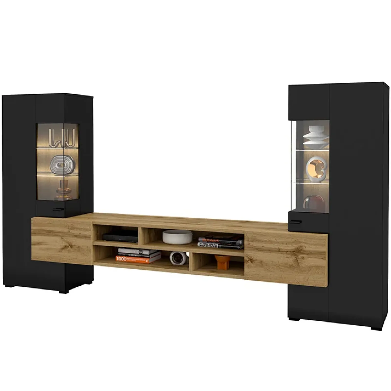 Garnero Arredamenti Parete Attrezzata A Terra|Pareti Attrezzate-Parete attrezzata 270x143h cm moderna nero rovere chiaro Maserati Rovere - Nero opaco