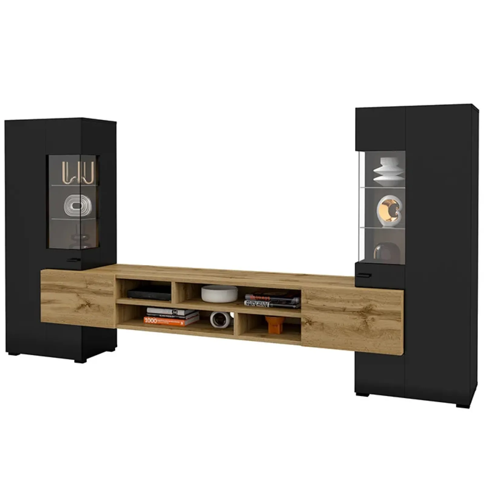 Garnero Arredamenti Parete Attrezzata A Terra|Pareti Attrezzate-Parete attrezzata 270x143h cm moderna nero rovere chiaro Maserati Rovere - Nero opaco