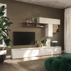 Garnero Arredamenti Parete Attrezzata A Terra|Pareti Attrezzate-Parete attrezzata 276x210h cm moderna beige rovere scuro Sunset 73