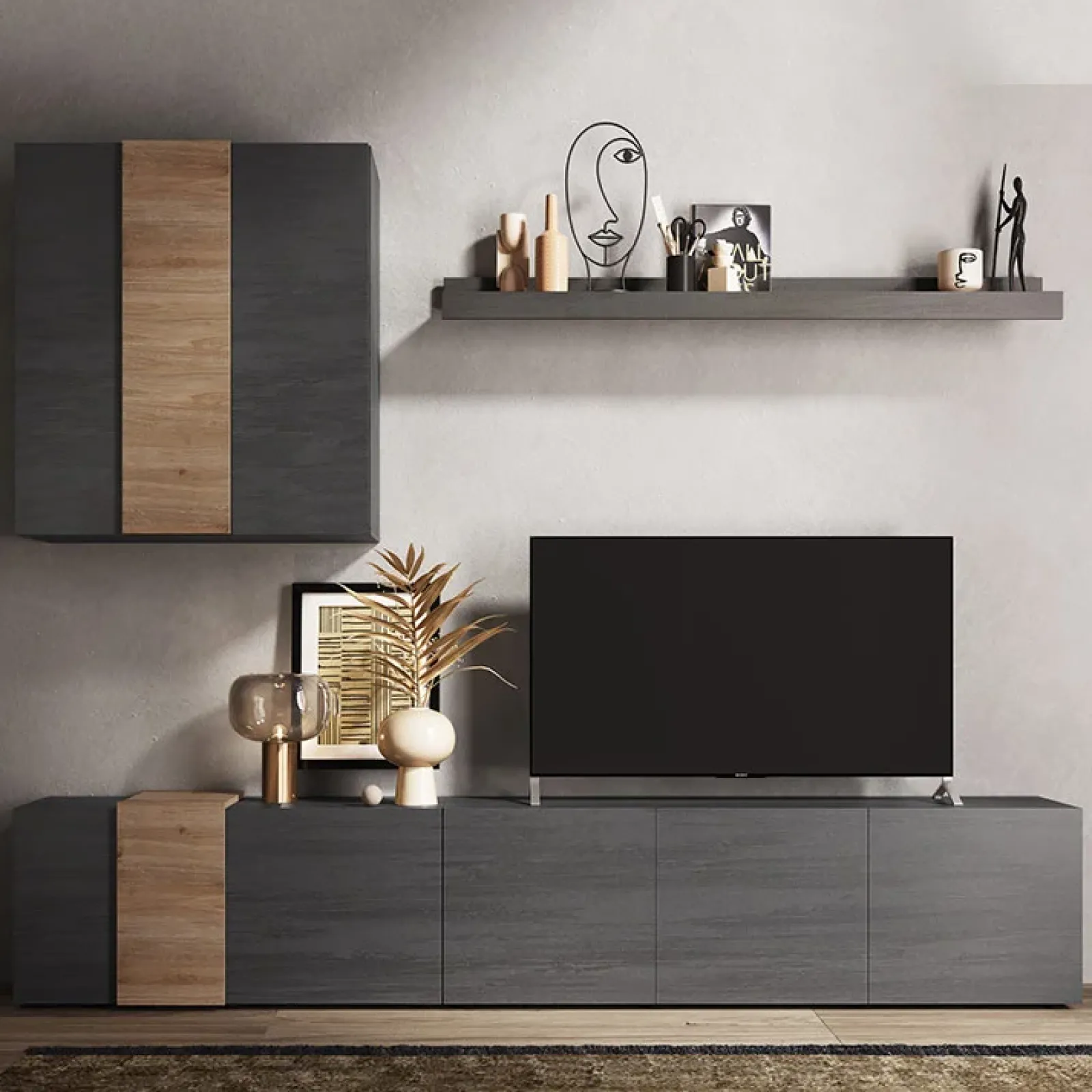 Garnero Arredamenti Parete Attrezzata A Terra|Pareti Attrezzate-Parete attrezzata 301x210h cm moderna titanio rovere Universal Antracite - Rovere