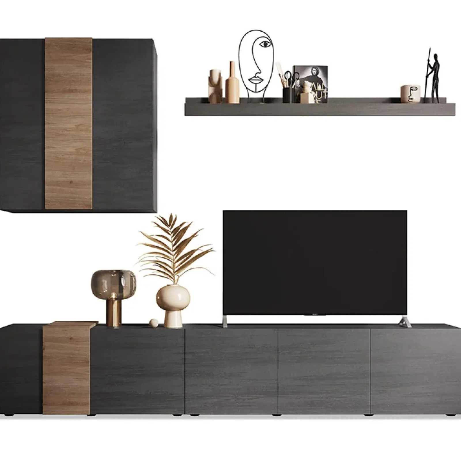 Garnero Arredamenti Parete Attrezzata A Terra|Pareti Attrezzate-Parete attrezzata 301x210h cm moderna titanio rovere Universal Antracite - Rovere