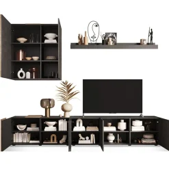 Garnero Arredamenti Parete Attrezzata A Terra|Pareti Attrezzate-Parete attrezzata 301x210h cm moderna titanio rovere Universal Antracite - Rovere