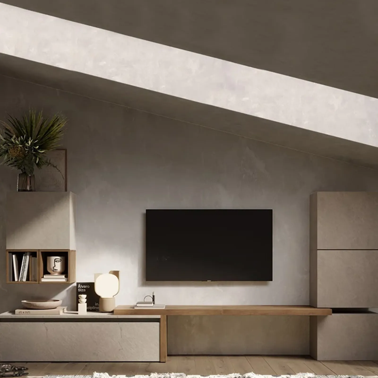 Garnero Arredamenti Parete Attrezzata A Terra|Pareti Attrezzate-Parete attrezzata 322x140h cm moderna tortora rovere scuro Sunset 18 Tortora - Noce