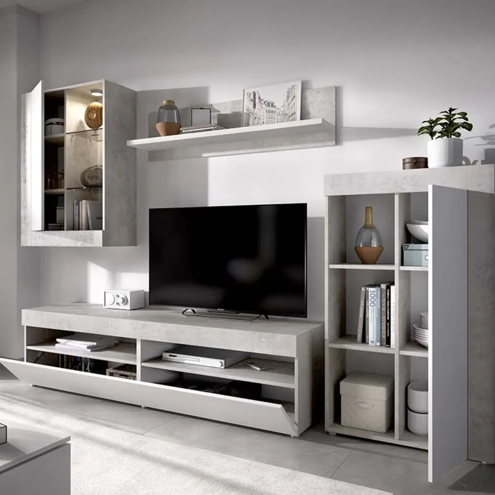 Garnero Arredamenti Parete Attrezzata A Terra|Pareti Attrezzate-Parete attrezzata 254x294h cm moderna bianco opaco cemento Freddy