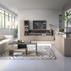 Garnero Arredamenti Parete Attrezzata A Terra|Pareti Attrezzate-Parete attrezzata 325x180h cm moderna con vetrina beige grigio Matt