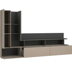 Garnero Arredamenti Parete Attrezzata A Terra|Pareti Attrezzate-Parete attrezzata 325x180h cm moderna con vetrina beige grigio Matt