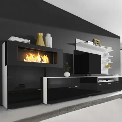Garnero Arredamenti Camino Bioetanolo|Parete Attrezzata Con Camino-Parete attrezzata 288x170h cm moderna reversibile con biocamino nero Fire Gihome® Nero Lucido - Bianco opaco