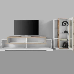 Garnero Arredamenti Parete Attrezzata A Terra|Pareti Attrezzate-Parete attrezzata 290x121h cm moderna bianco lucido acero Milos Gihome® Bianco Lucido - Rovere Rustico