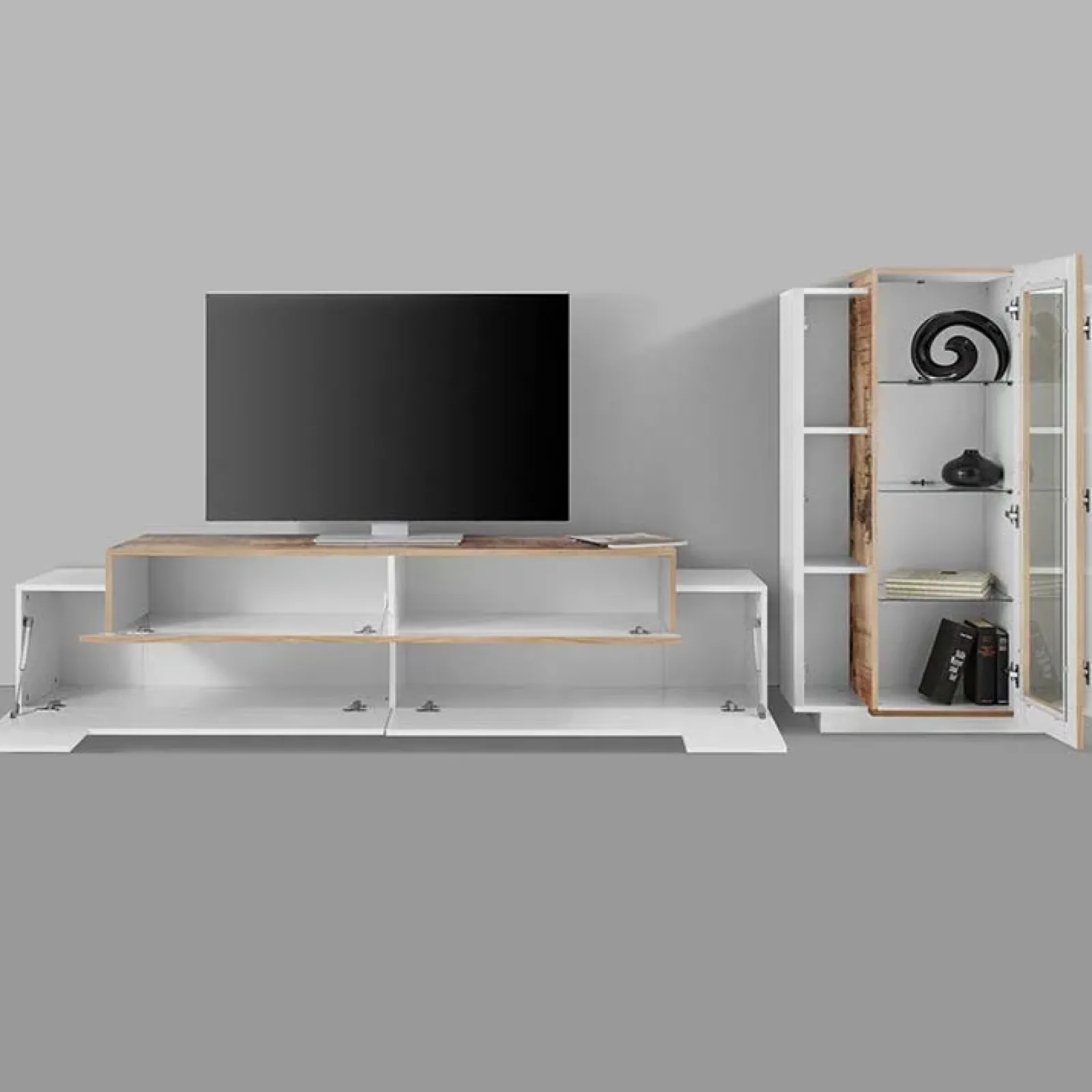 Garnero Arredamenti Parete Attrezzata A Terra|Pareti Attrezzate-Parete attrezzata 290x121h cm moderna bianco lucido acero Milos Gihome® Bianco Lucido - Rovere Rustico