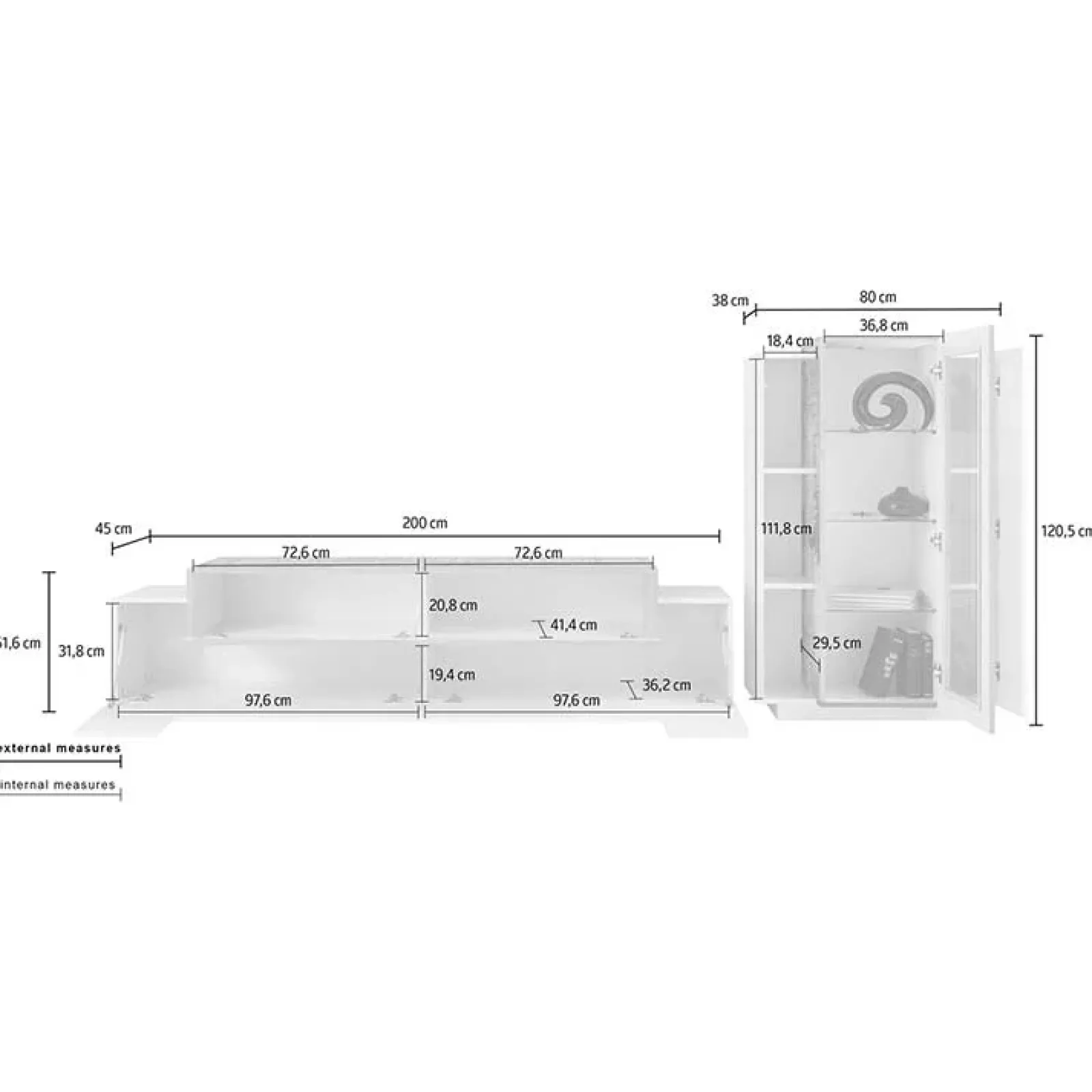 Garnero Arredamenti Parete Attrezzata A Terra|Pareti Attrezzate-Parete attrezzata 290x121h cm moderna bianco lucido acero Milos Gihome® Bianco Lucido - Rovere Rustico