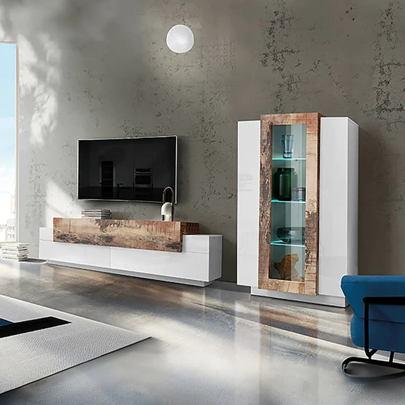 Garnero Arredamenti Parete Attrezzata A Terra|Pareti Attrezzate-Parete attrezzata 290x121h cm moderna bianco lucido acero Milos Gihome® Bianco Lucido - Rovere Rustico