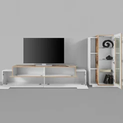 Garnero Arredamenti Parete Attrezzata A Terra|Pareti Attrezzate-Parete attrezzata 290x121h cm moderna bianco lucido acero Milos Gihome® Bianco Lucido - Rovere Rustico