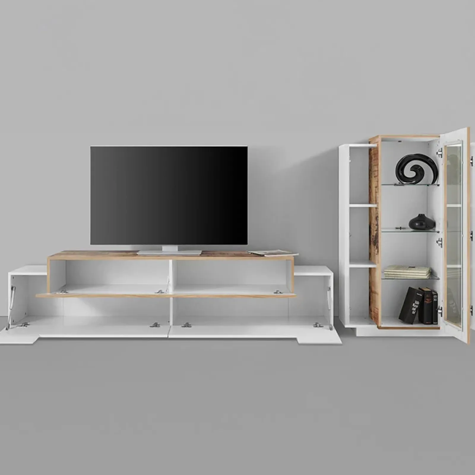 Garnero Arredamenti Parete Attrezzata A Terra|Pareti Attrezzate-Parete attrezzata 290x121h cm moderna bianco lucido acero Milos Gihome® Bianco Lucido - Rovere Rustico