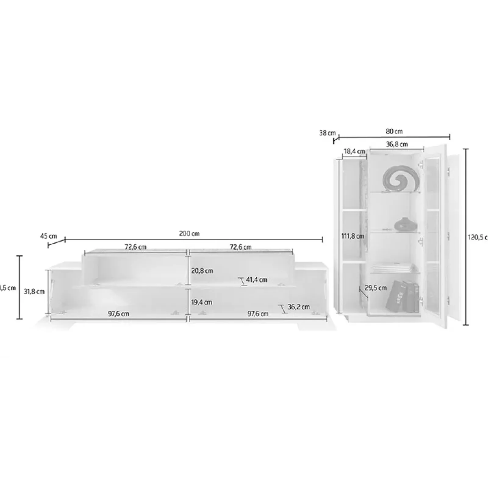Garnero Arredamenti Parete Attrezzata A Terra|Pareti Attrezzate-Parete attrezzata 290x121h cm moderna bianco lucido acero Milos Gihome® Bianco Lucido - Rovere Rustico