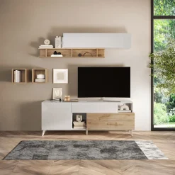 Garnero Arredamenti Parete Attrezzata A Terra|Pareti Attrezzate-Parete attrezzata 181x205h cm moderna bianco lucido rovere chiaro Witty Rovere - Bianco Lucido