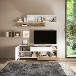 Garnero Arredamenti Parete Attrezzata A Terra|Pareti Attrezzate-Parete attrezzata 181x205h cm moderna bianco lucido rovere chiaro Witty Rovere - Bianco Lucido