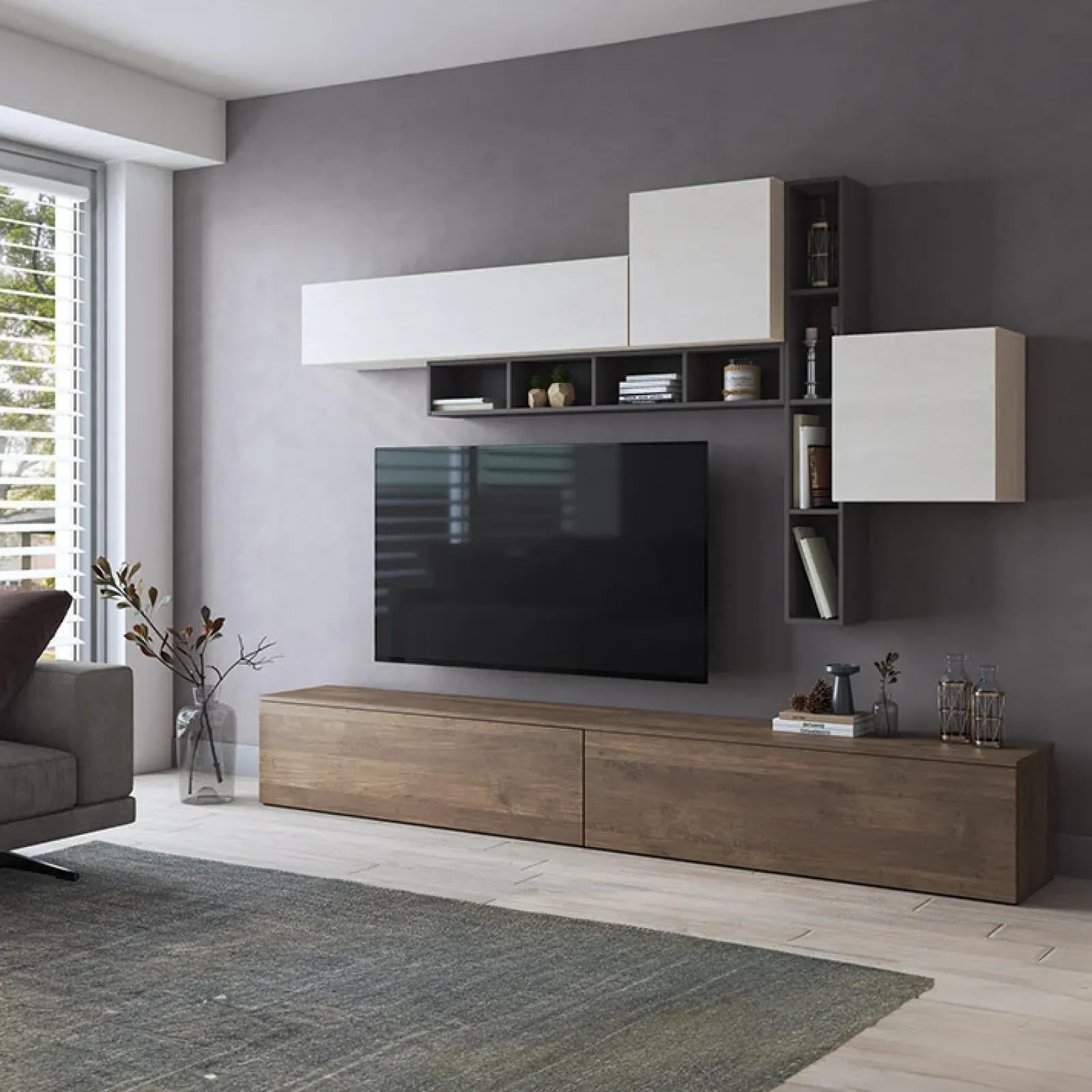 Garnero Arredamenti Parete Attrezzata A Terra|Pareti Attrezzate-Parete attrezzata 258x200h cm moderna soggiorno noce bianco Bellon Noce - Bianco