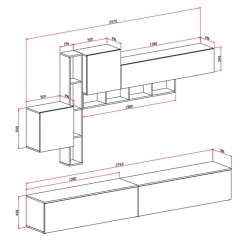 Garnero Arredamenti Parete Attrezzata A Terra|Pareti Attrezzate-Parete attrezzata 258x200h cm moderna soggiorno noce bianco Bellon Noce - Bianco