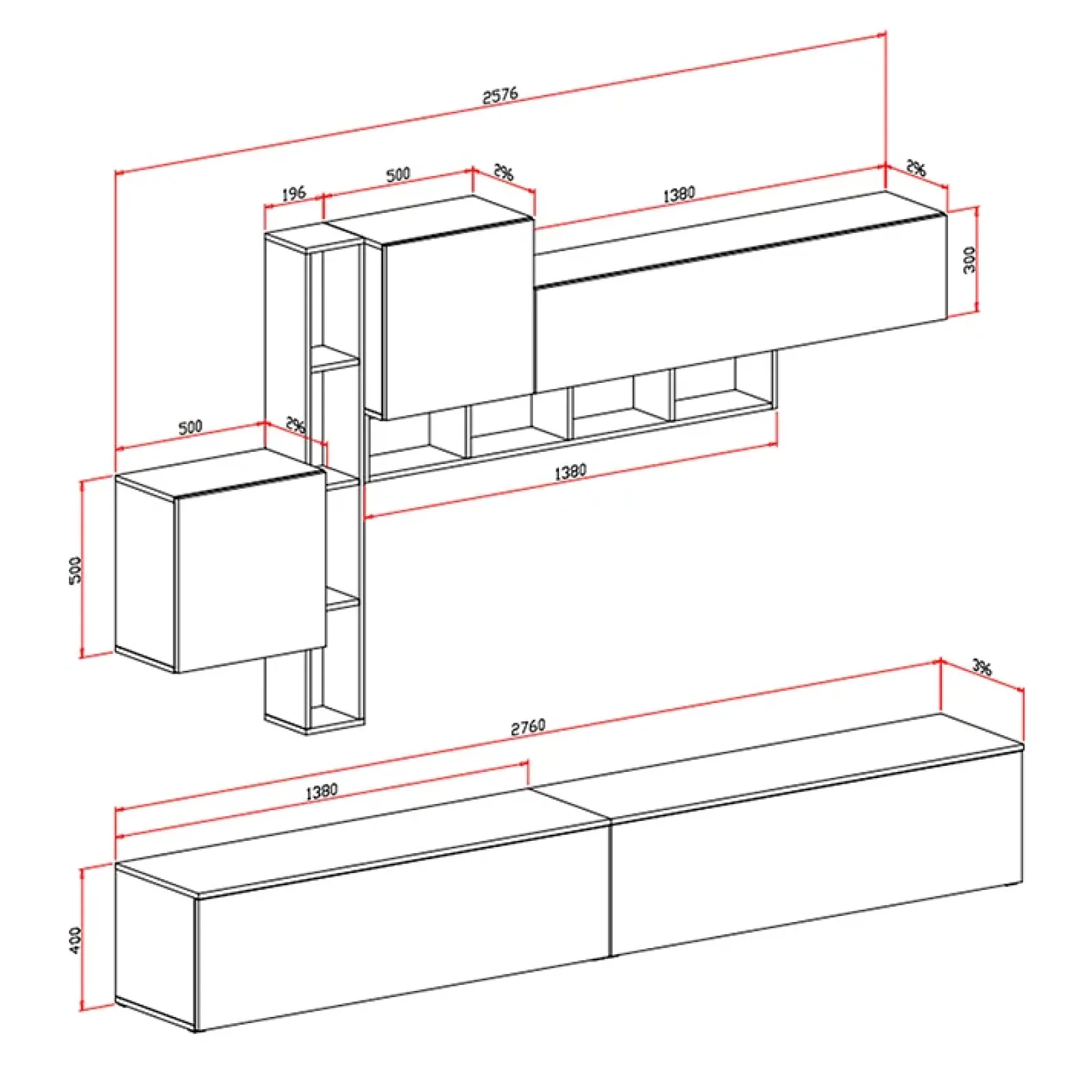 Garnero Arredamenti Parete Attrezzata A Terra|Pareti Attrezzate-Parete attrezzata 258x200h cm moderna soggiorno noce bianco Bellon Noce - Bianco
