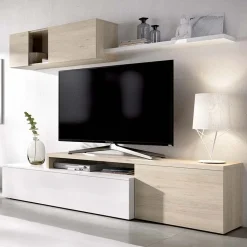 Garnero Arredamenti Parete Attrezzata A Terra|Pareti Attrezzate-Parete attrezzata 201x155h cm moderna rovere naturale bianco lucido Gomer