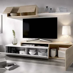 Garnero Arredamenti Parete Attrezzata A Terra|Pareti Attrezzate-Parete attrezzata 201x155h cm moderna rovere naturale bianco lucido Gomer