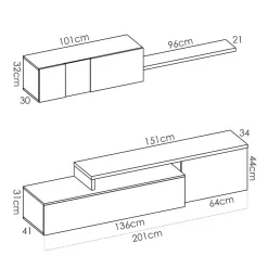 Garnero Arredamenti Parete Attrezzata A Terra|Pareti Attrezzate-Parete attrezzata 201x155h cm moderna rovere naturale bianco lucido Gomer