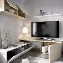 Garnero Arredamenti Parete Attrezzata A Terra|Pareti Attrezzate-Parete attrezzata 201x155h cm moderna rovere naturale bianco lucido Gomer