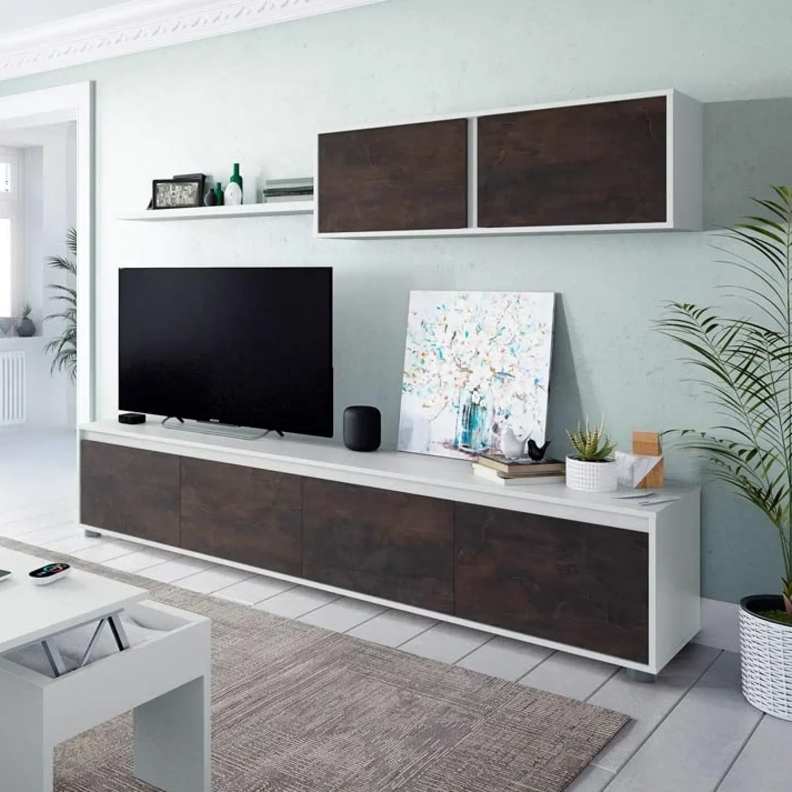 Garnero Arredamenti Parete Attrezzata A Terra|Pareti Attrezzate-Parete attrezzata 200x145h cm moderna soggiorno bianco opaco ossido Itaca Ossido - Bianco opaco