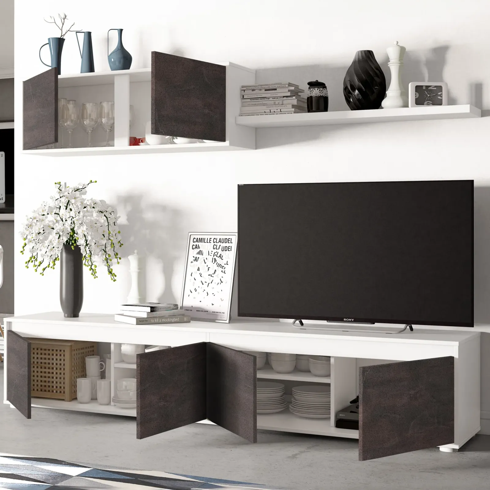 Garnero Arredamenti Parete Attrezzata A Terra|Pareti Attrezzate-Parete attrezzata 200x145h cm moderna soggiorno bianco opaco ossido Itaca Ossido - Bianco opaco