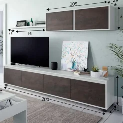 Garnero Arredamenti Parete Attrezzata A Terra|Pareti Attrezzate-Parete attrezzata 200x145h cm moderna soggiorno bianco opaco ossido Itaca Ossido - Bianco opaco