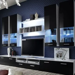 Garnero Arredamenti Parete Attrezzata A Terra|Pareti Attrezzate-Parete attrezzata 300x190h cm moderna bianco opaco nero lucido Baltimora Gihome® Nero Lucido - Bianco opaco