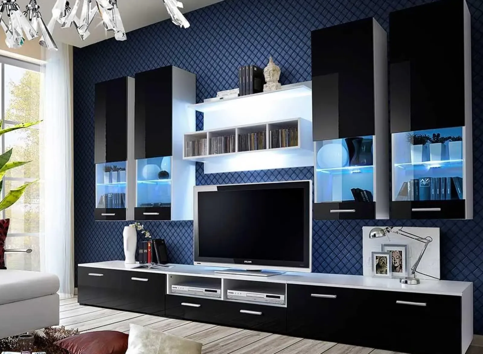 Garnero Arredamenti Parete Attrezzata A Terra|Pareti Attrezzate-Parete attrezzata 300x190h cm moderna bianco opaco nero lucido Baltimora Gihome® Nero Lucido - Bianco opaco