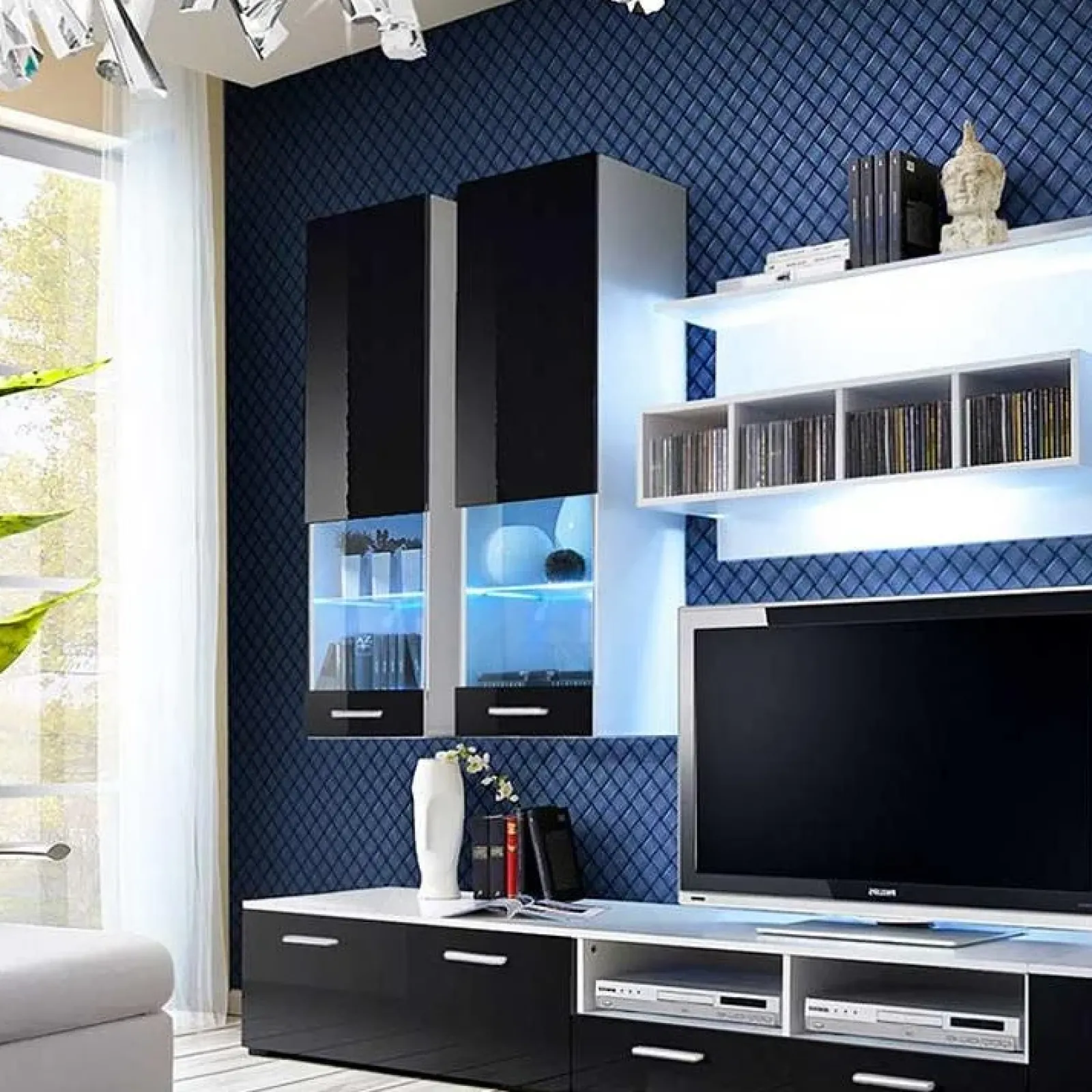 Garnero Arredamenti Parete Attrezzata A Terra|Pareti Attrezzate-Parete attrezzata 300x190h cm moderna bianco opaco nero lucido Baltimora Gihome® Nero Lucido - Bianco opaco