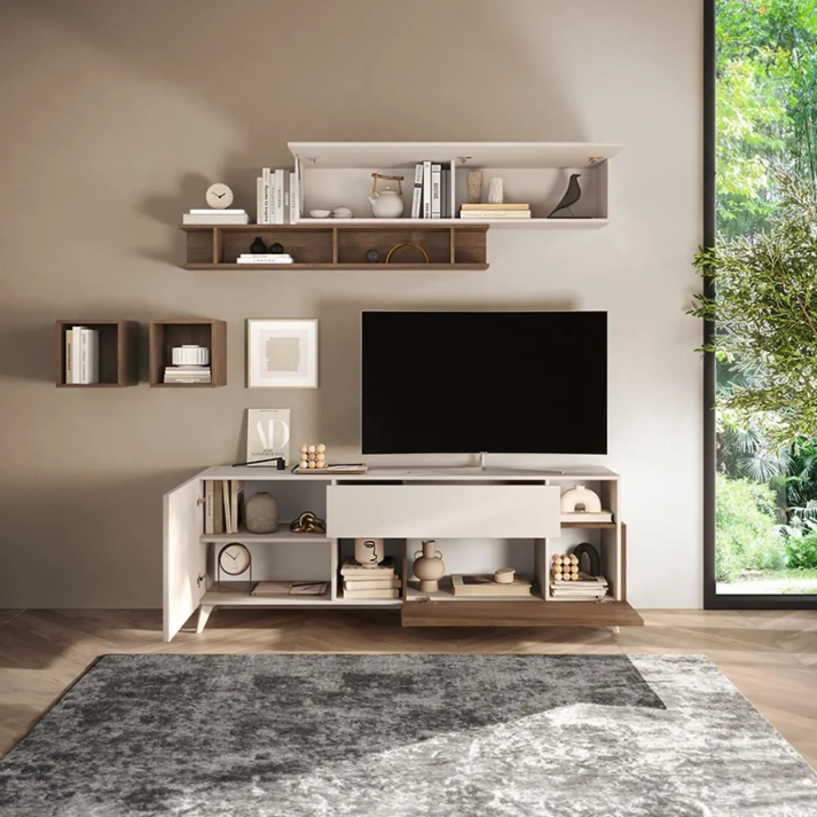 Garnero Arredamenti Parete Attrezzata A Terra|Pareti Attrezzate-Parete attrezzata 181x205h cm moderna beige rovere scuro Witty Noce - Beige