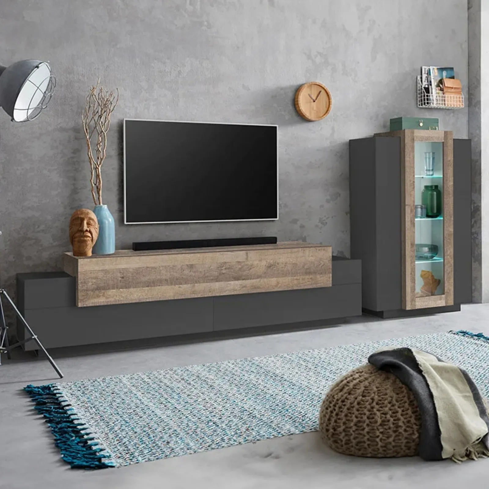 Garnero Arredamenti Parete Attrezzata A Terra|Pareti Attrezzate-Parete attrezzata 290x121h cm moderna antracite rovere Milos Gihome® Antracite - Rovere Rustico