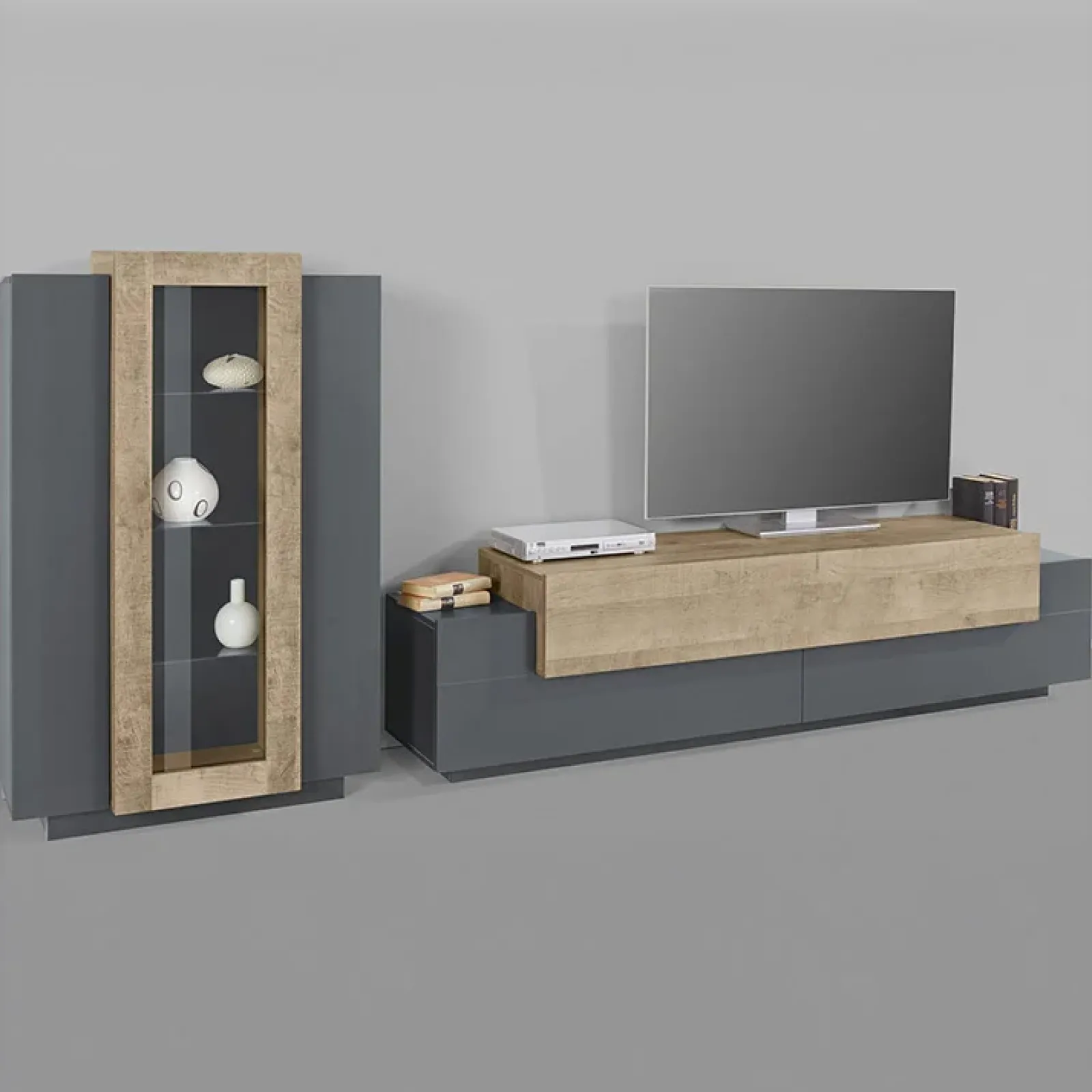 Garnero Arredamenti Parete Attrezzata A Terra|Pareti Attrezzate-Parete attrezzata 290x121h cm moderna antracite rovere Milos Gihome® Antracite - Rovere Rustico