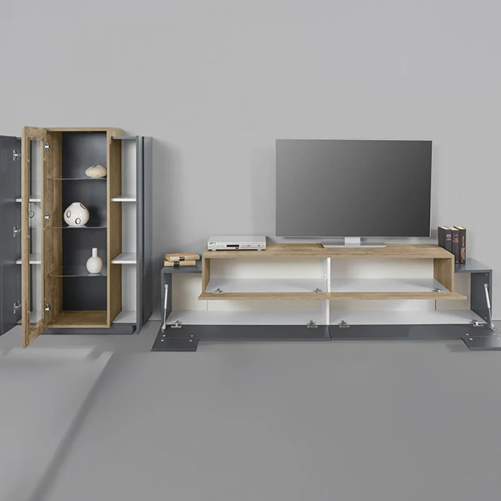 Garnero Arredamenti Parete Attrezzata A Terra|Pareti Attrezzate-Parete attrezzata 290x121h cm moderna antracite rovere Milos Gihome® Antracite - Rovere Rustico